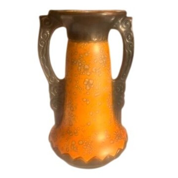 Vintage Art Deco Orange Glazed Alienware Vase by Ditmar Urbach Dual Handles Czec - Picture 1 of 6